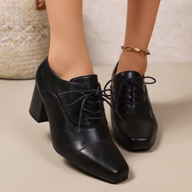 Xucatan Women's Square Toe Lace-Up Zipper Leather Shoes, Chunky Heel Ankle Booties for Women, Dressy Casual Fall Winter Boots for Office & Daily Wear Gift