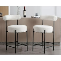 CIMOTA Modern Boucle Bar Stools Set of 2, Upholstered Counter Height Bar Stools with Open Back Boucle Kitchen Island Chairs Comfortable Fabric Barstools with Black Metal Legs, 26 Inch/Sherpa White