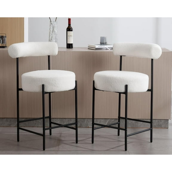 CIMOTA Modern Boucle Bar Stools Set of 2, Upholstered Counter Height Bar Stools with Open Back Boucle Kitchen Island Chairs Comfortable Fabric Barstools with Black Metal Legs, 26 Inch/Sherpa White