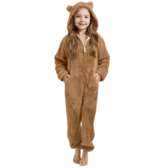 Mercatoo Kids Fleece Zip up Hooded Jumpsuit Girls Boys Cute Hooded Romper Winter Warm Jumpsuits Plush Fuzzy Furry Snowsuit