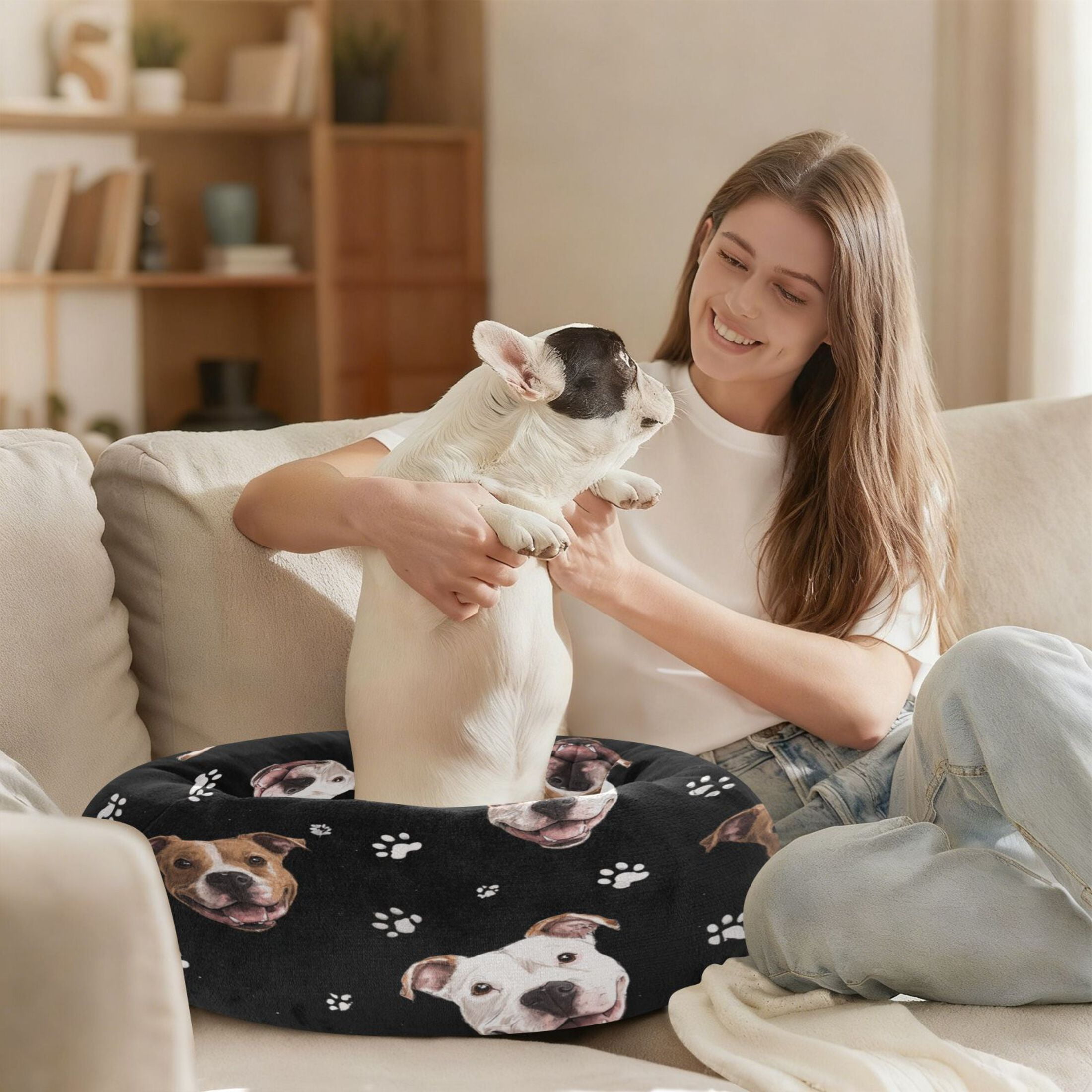 Iauyy Pet Couch Donut Cat Bed for Indoor Cats/Small Dogs Washable & Machine with Non-slip Bottom Calming Cat Furniture, Laugh Out Loud (M)