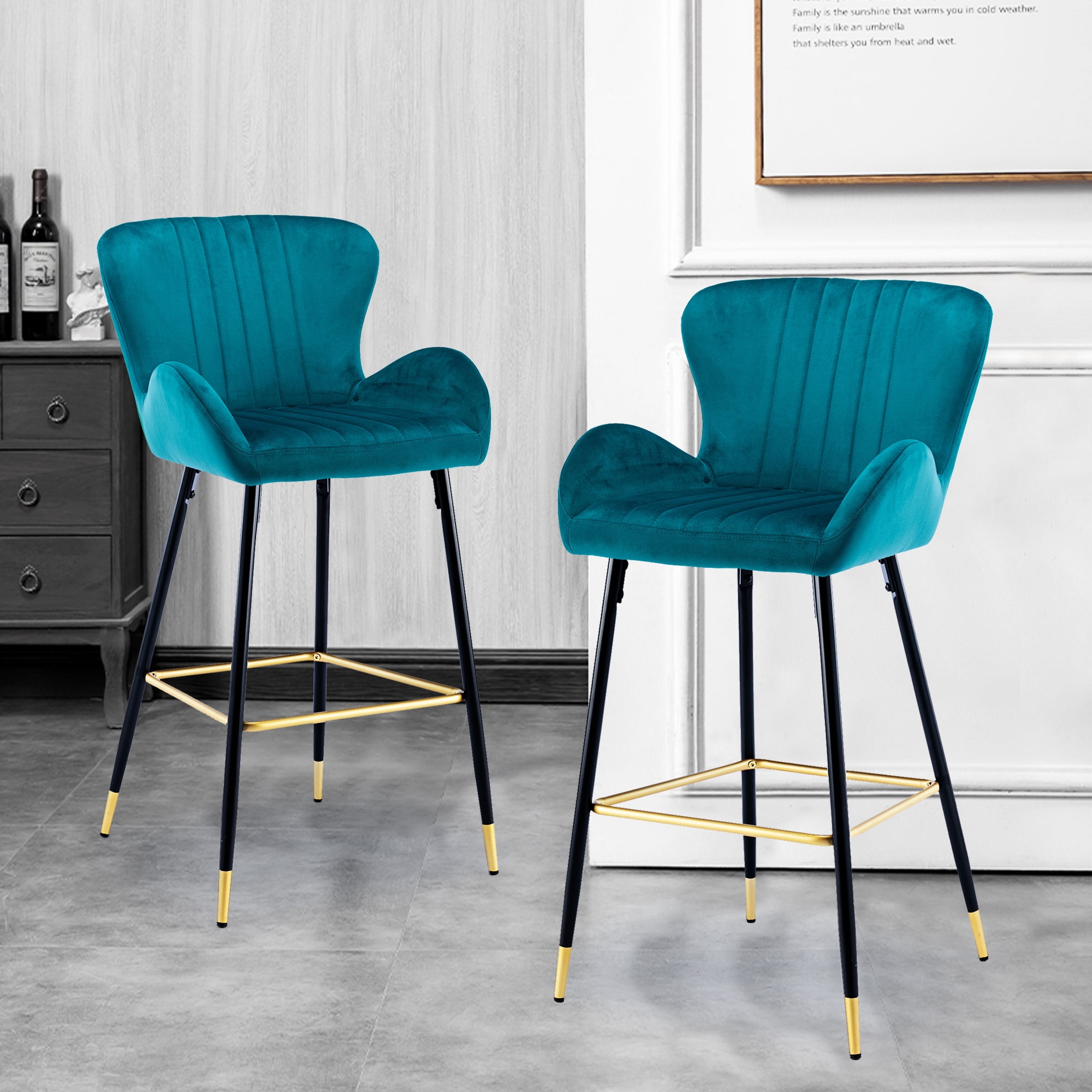 Resenkos Bar Stools Set of 2,Modern Velvet Breakfast Dining Chairs with Back and Footrest(Teal)