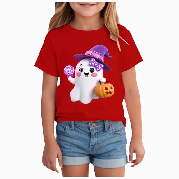 Xyant Halloween Shirt for Toddler Girl Short Sleeve Pumpkin/Ghost Tshirt for Kids Cotton Tops Girls Halloween Tshirt,Size 2-14 Years
