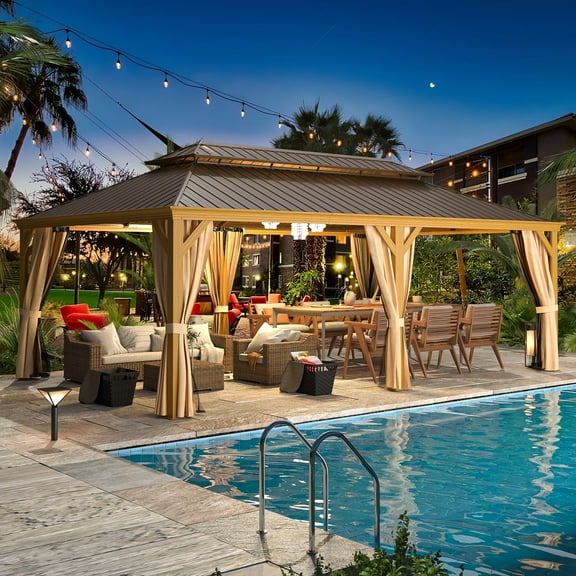 EROMMY 14' x 22' Hardtop Gazebo, Wooden Finish Coated Aluminum Frame Gazebo with Galvanized Steel Double Roof, Curtains and Nettings Included