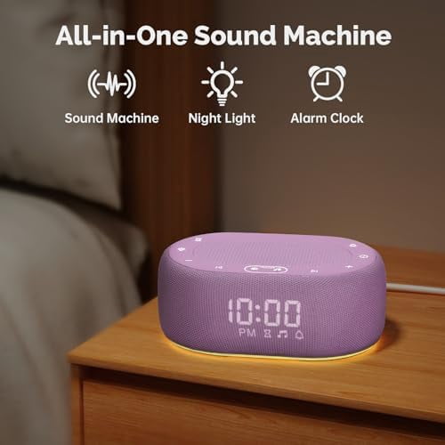 White Noise Sound Machine with Alarm Clock, Pink Noise Maker for Baby Adult Sleeping, 30 Soothing Sounds, Easy App Controlled, Dimmable 7-Color Night Light, Sleep Timer, 30 Volume Levels - Purple