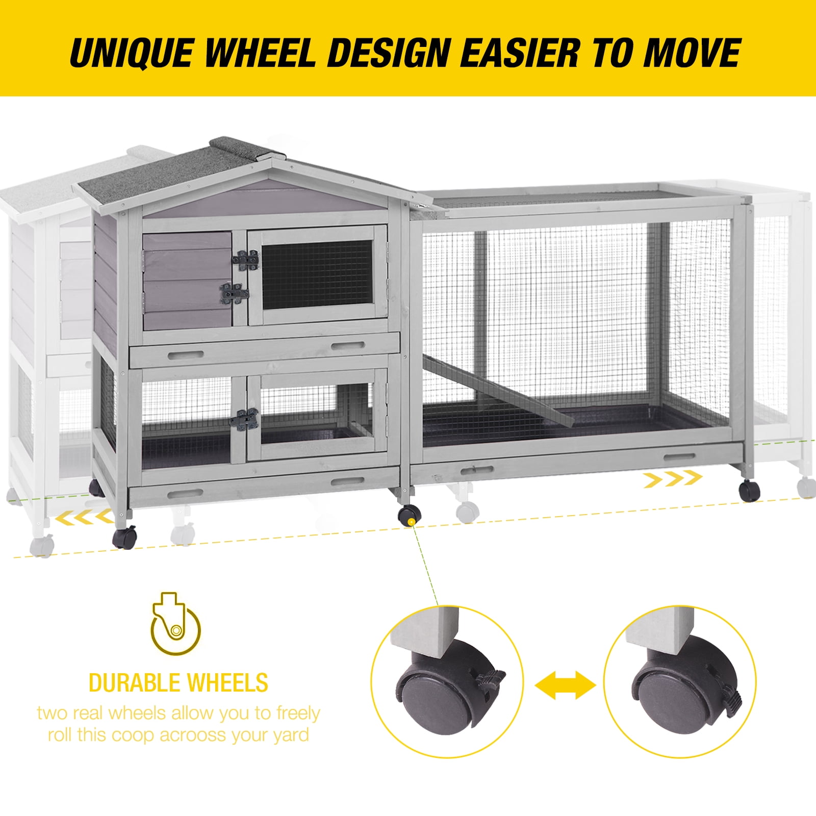 AIVITUVIN Outdoor Rabbit Hutch Indoor Bunny on Wheels Large Guinea Pig Cage with Run for Any Small Animals,Removable Pull Out Tray