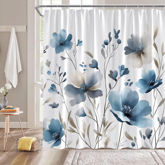 Floral Shower Curtain, Watercolor Blue Gray Flower Leaf Bath Curtain, Botanical Bathroom Decor, Waterproof Polyester Fabric with Hooks 36"W x 72"H