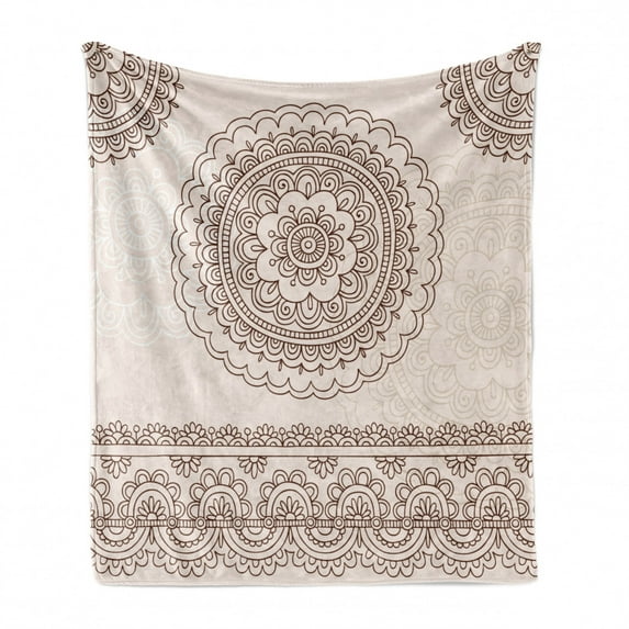 Folk Soft Flannel Fleece Throw Blanket, Floral Tattoo Design Inspirations from Civilizations Doodle Style Soft Colored, Cozy Plush for Indoor and Outdoor Use, 60" x 80", Brown Cream, by Ambesonne