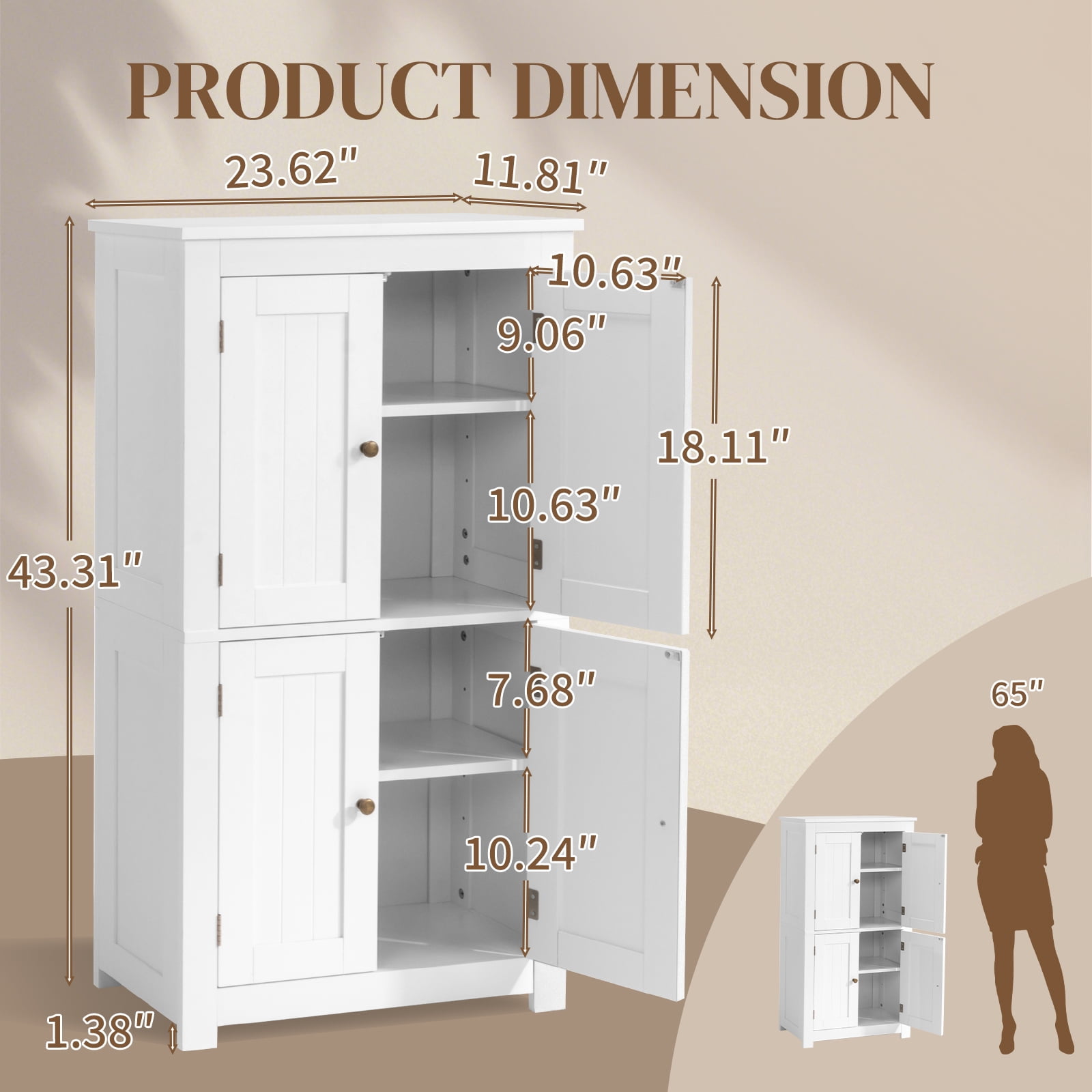 Ktaxon Bathroom Floor Storage Cabinet, Freestanding Cabinet with 4 Doors, Adjustable Shelves, White
