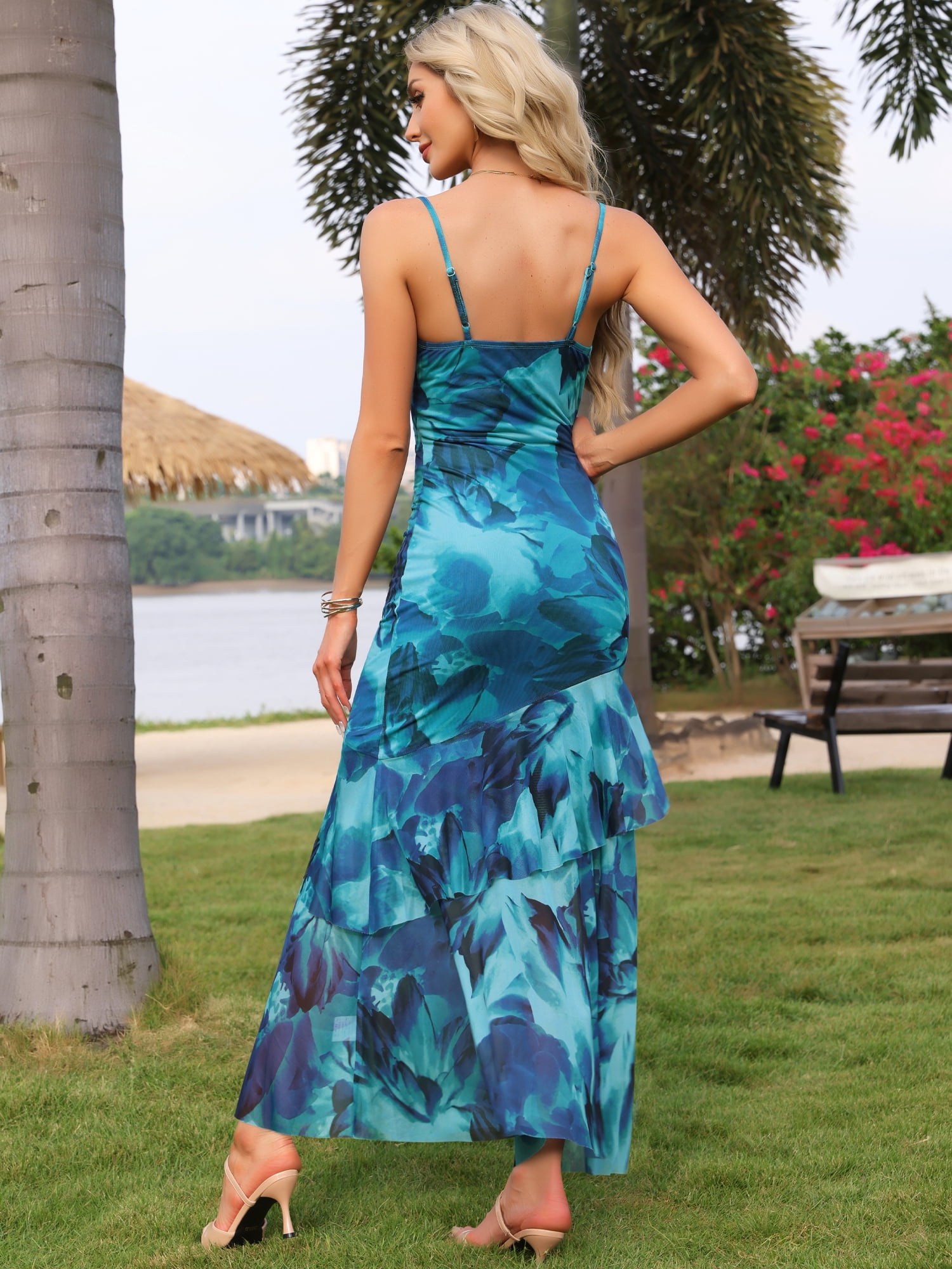 DARING DIVA Women's Floral Mesh Ruffled Maxi Dress XL Lake Blue