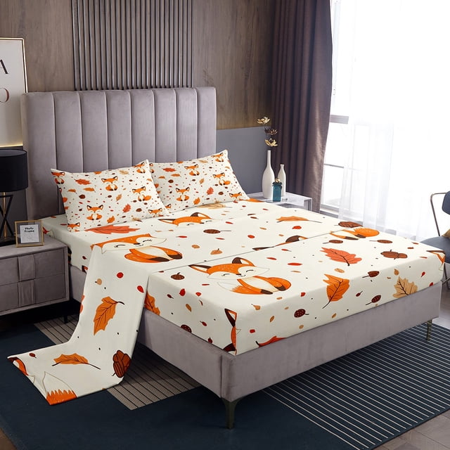 YST Ensemble de Draps Récolte d'Automne Format Simple, Draps Animaux Fox Mignons Feuilles d'Érable Ensemble de Draps Joyeux Action de Grâce Ensemble de Lit pour Enfants Garçons Filles avec 1 Taie d'Oreiller