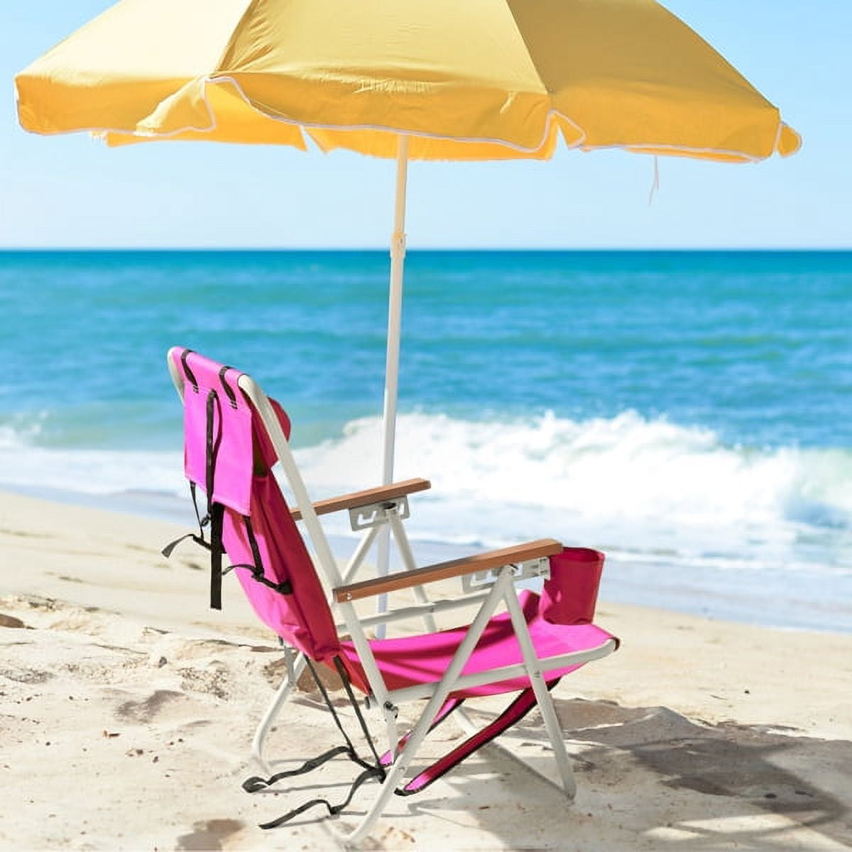Set of 2 Folding Beach Chair for Adults, 4 Position Portable Backpack Foldable Camping Chair with Headrest Cup Holder and Wooden Armrests, Pink