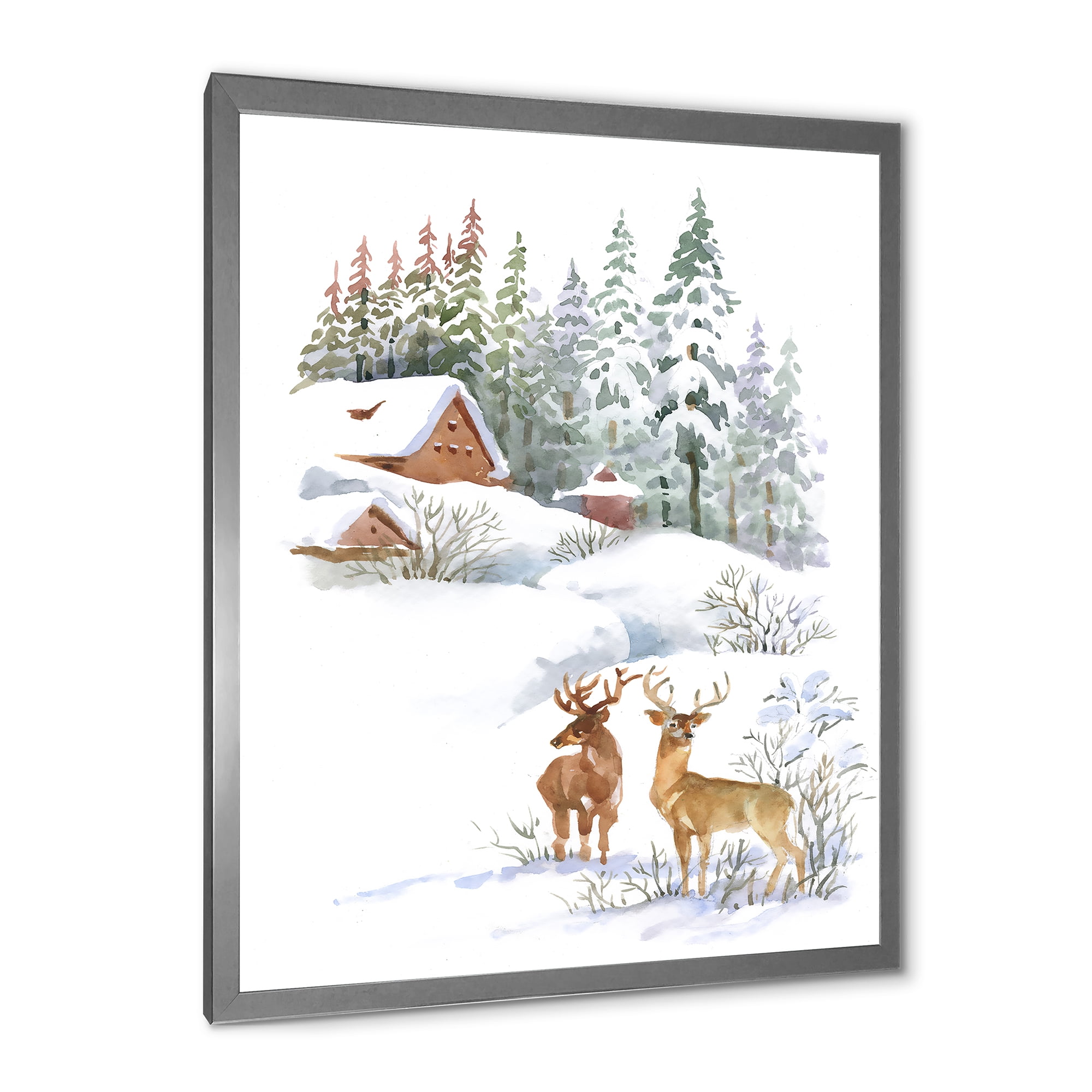 Designart 'Two Deers With Winter Cottage' Farmhouse Framed Art Print