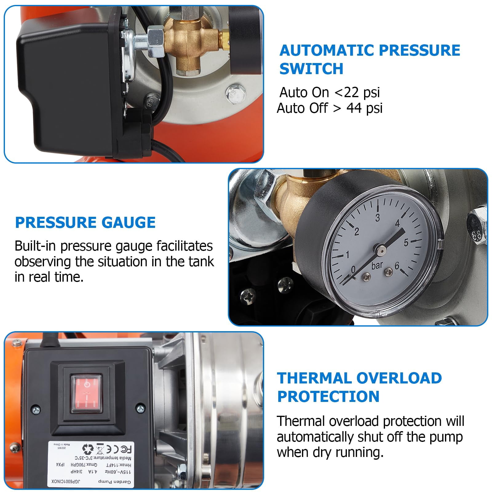 1HP Shallow Well Pump With Pressure Tank, 845 GPH Stainless Steel Shallow Well Jet Pump, 115 V Water Pump With Automatic Pressure Switch, Water Transfer Pumpfor Garden, Pool, Well, Irrigation