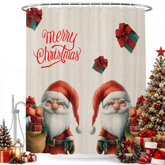 Merry Christmas Santa Claus Gift Shower Curtain for Bathroom, Happy Xmas Retro Linen Waterproof Shower Curtains Washable Quick Dry with Hooks Bathtub Curtains 36x72IN