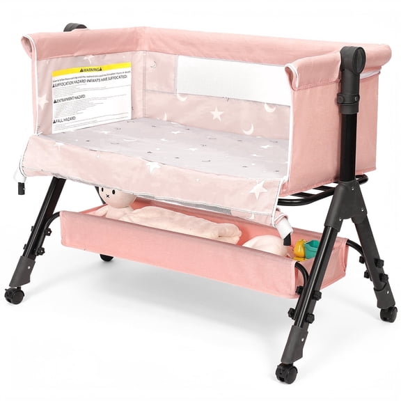 Infant Bassinet Crib,Single-sided Detachable 3 Adjustable-Height Bedside Beds Foldable Baby Crib,for 0-18 Months-Pink