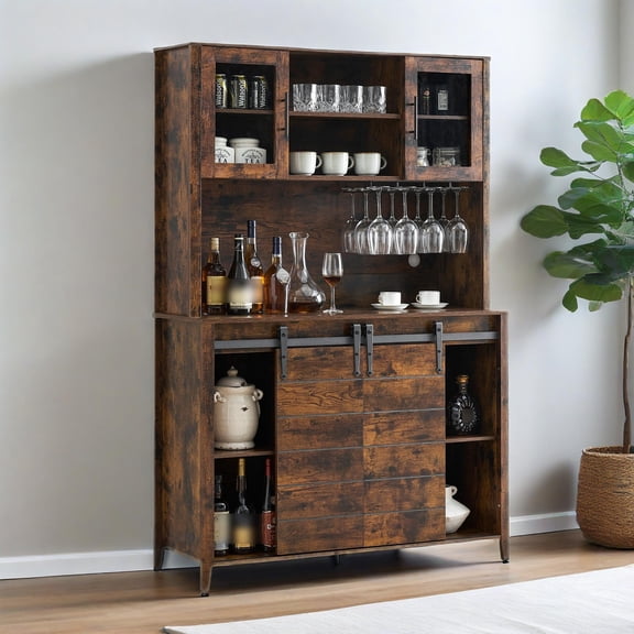 Farmhouse Coffee & Wine Bar Cabinet - 70" Tall Kitchen Pantry with Sliding Barn Doors, Bottle Rack & Glass Storage, Buffet Sideboard for Dining Room or Home Bar, brown