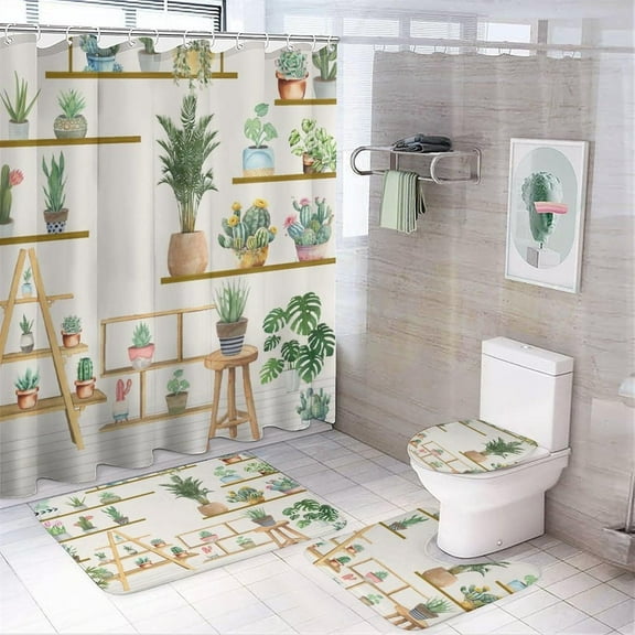 Watercolor Western Cactus 4 Pieces Shower Curtain Set,Spiny Cactus Flower Rustic Wooden Barn Door Non-Slip Rugs Toilet Lid Cover Bath Mat and Bathroom Curtain