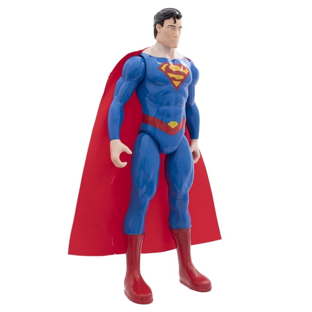 figura de acción fuxion toys superman juguete de colección dc comics figura articulada 45 cm de alto rojo unitalla figura articulada de Superman de 45 cm, vista frontal 3/4; torso azul con emblema 'S' impreso, capa roja de tela, botas y cinturón rojos, plástico brillante sobre fondo blanco; ideal para coleccionistas y regalo para fans de la Liga de la Justicia, apta para mayores de 3 años.