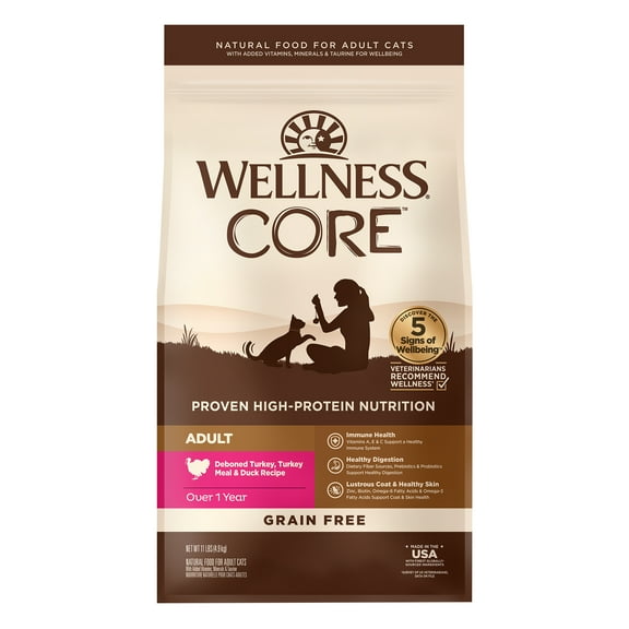 Wellness CORE Grain-Free Turkey, Turkey Meal & Duck Formula Dry Cat Food, 11 Pound Bag