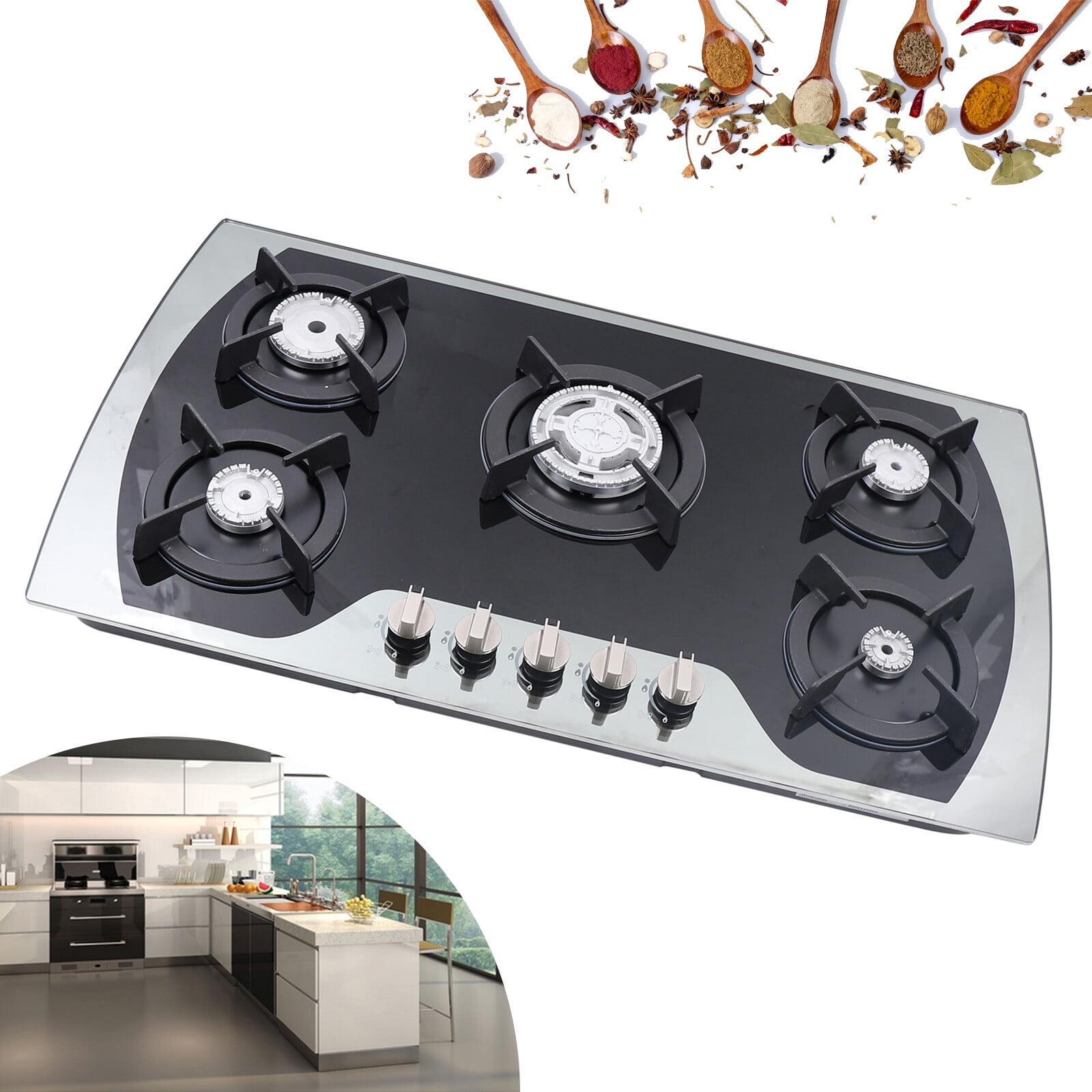 Black&Silver 2000Pa 90*51*6cm Burners Gas Stove Built-In Gas Cooktop Stainless Steel Natural Gas Propane