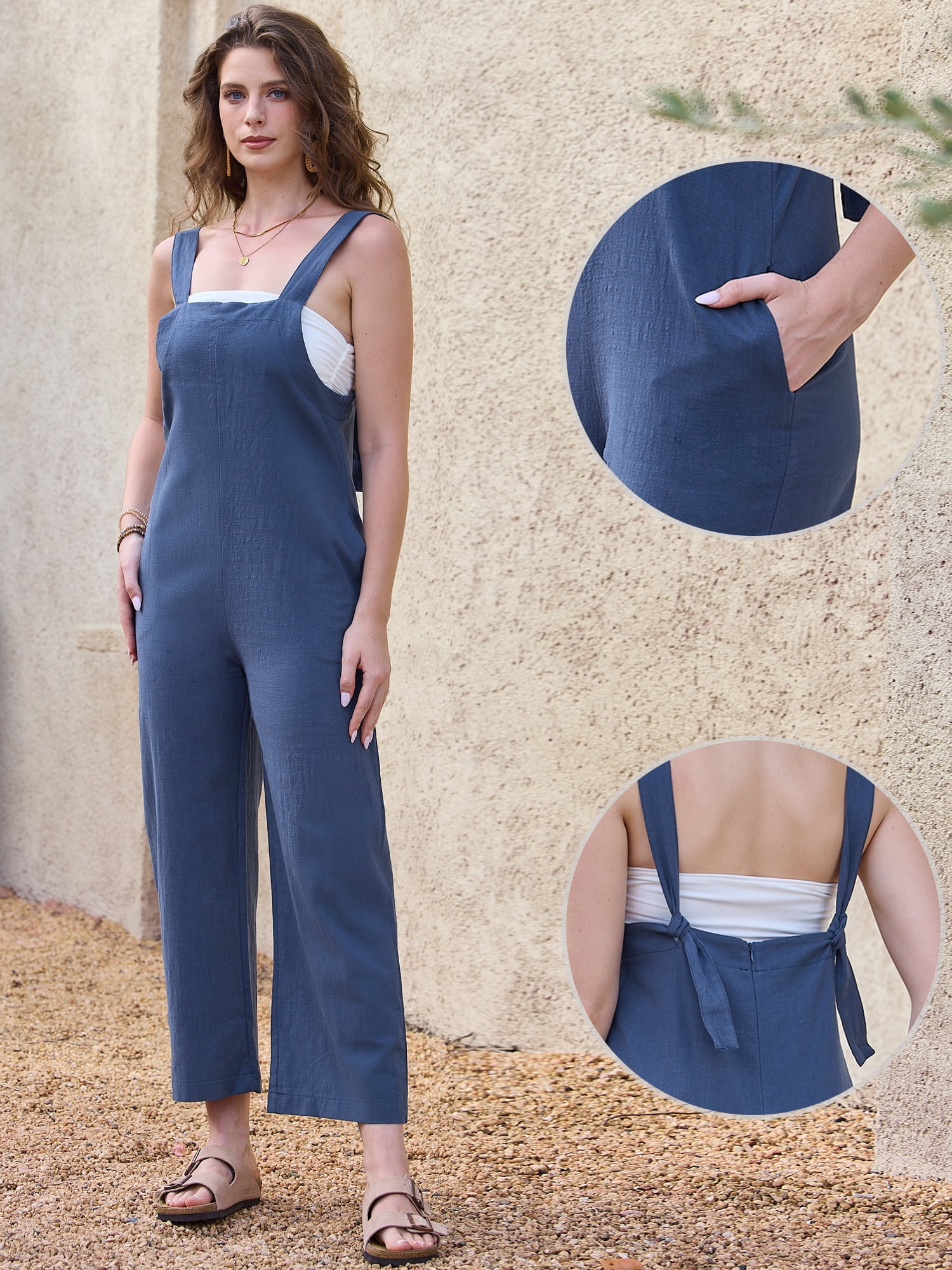 DARING DIVA Women's Cotton Linen Adjustable Tie Straps Bib Overalls Medium Navy Blue