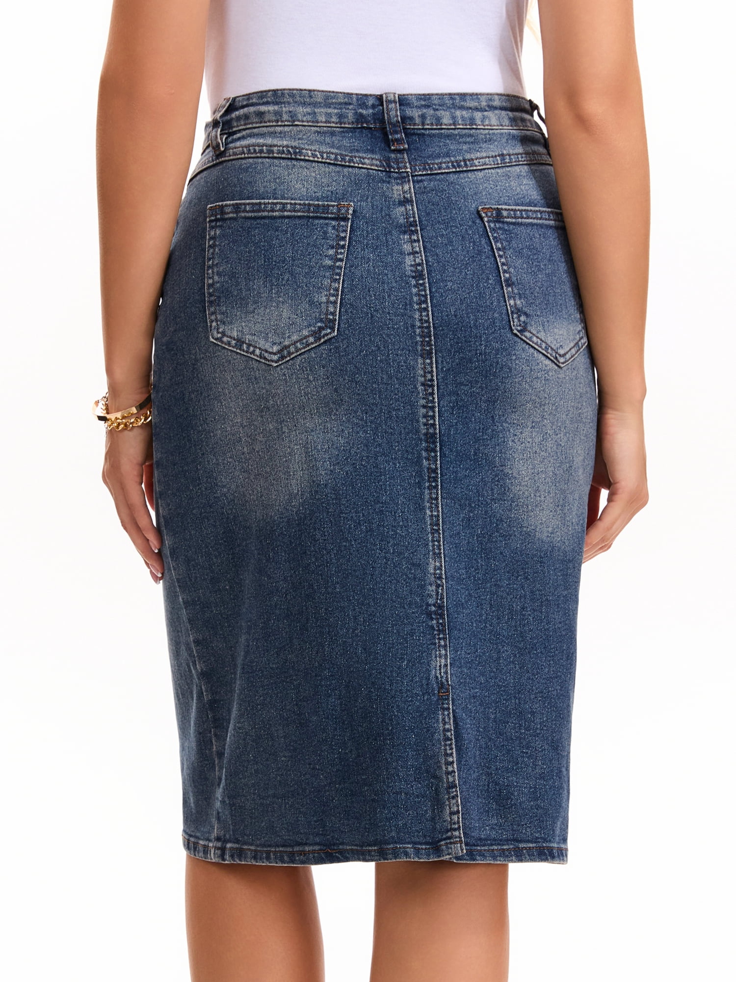DARING DIVA Women's Jean Back Slit Stretch Below Knee Length Denim Skirts XL Gray Blue