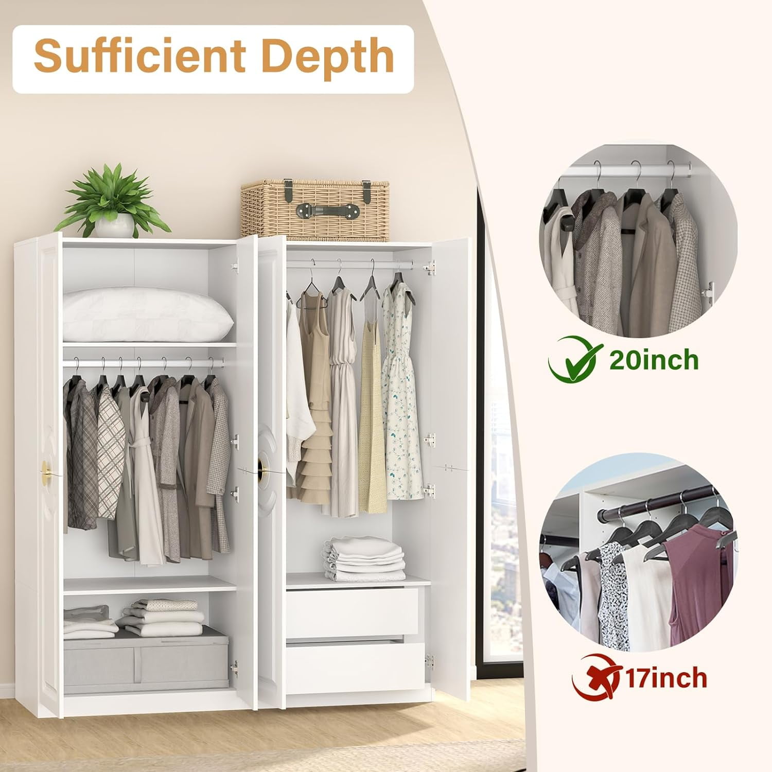 VINFORM Armoire Wardrobe Closet with 4 Doors, Wooden Wardrobe Armoire with 2 Drawers, Armoire Storage with Hanging Rods and Multi-Layer Shelves for Bedroom (White)