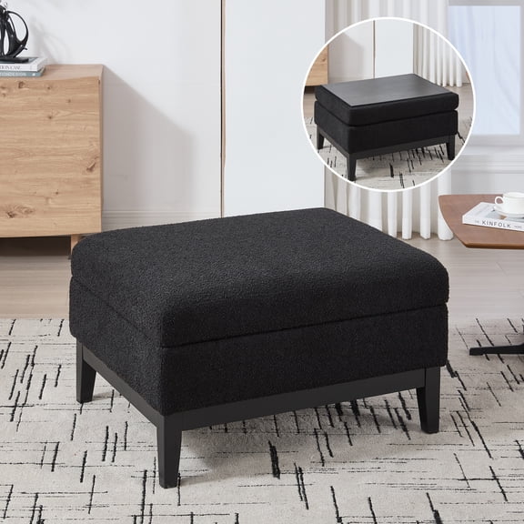 33.86"W Upholstered Wood Base Storage Ottoman With Reversible Lid Coffee Table Foot Stool Square Footrest with Rubberwood Legs for Living Room Bedroom Entryway and Office,Black Boucle.