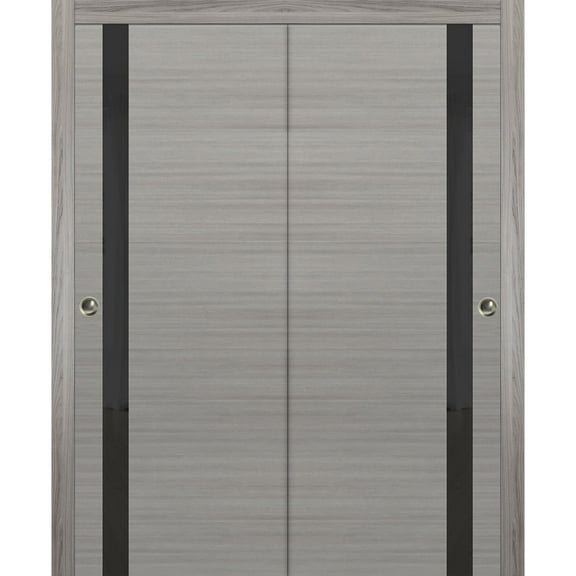 Sliding Closet Bypass Doors 36 x 84 inches | Planum 0040 Grey Ash with Black Glass | Sturdy Rails Moldings Trims Hardware Set | Wood Solid Bedroom Wardrobe Doors