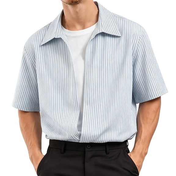 hotojiny Men T Shirts Loose Fit Half Sleeve Casual Streetwear Fashion Striped Tops Lightweight Collared Shirt Summer Clothes