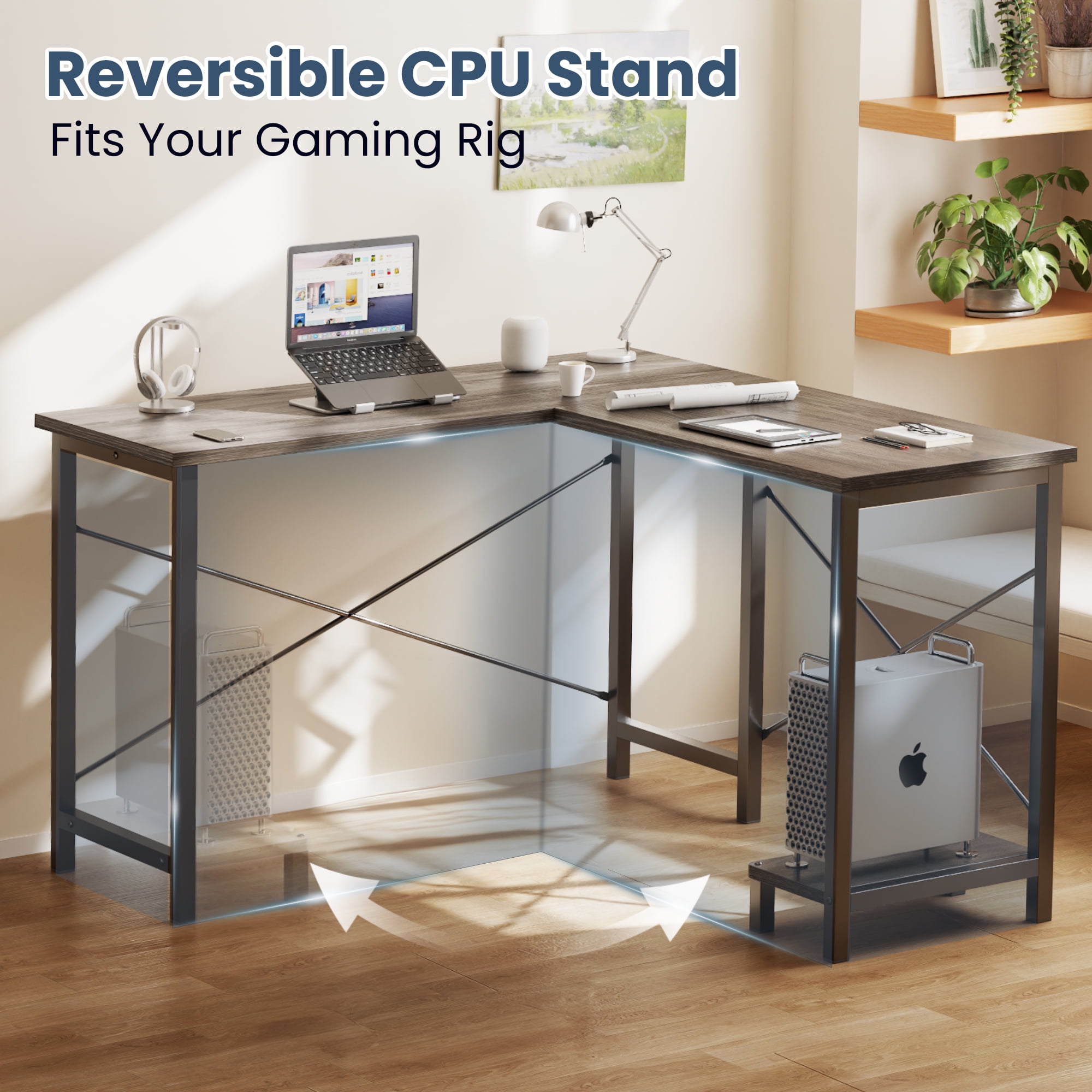 JIOABL 50" L-Shaped Corner Gaming Desk with Reversible CPU Stand, Waterproof Desktop & Metal Frame, Wood Gray