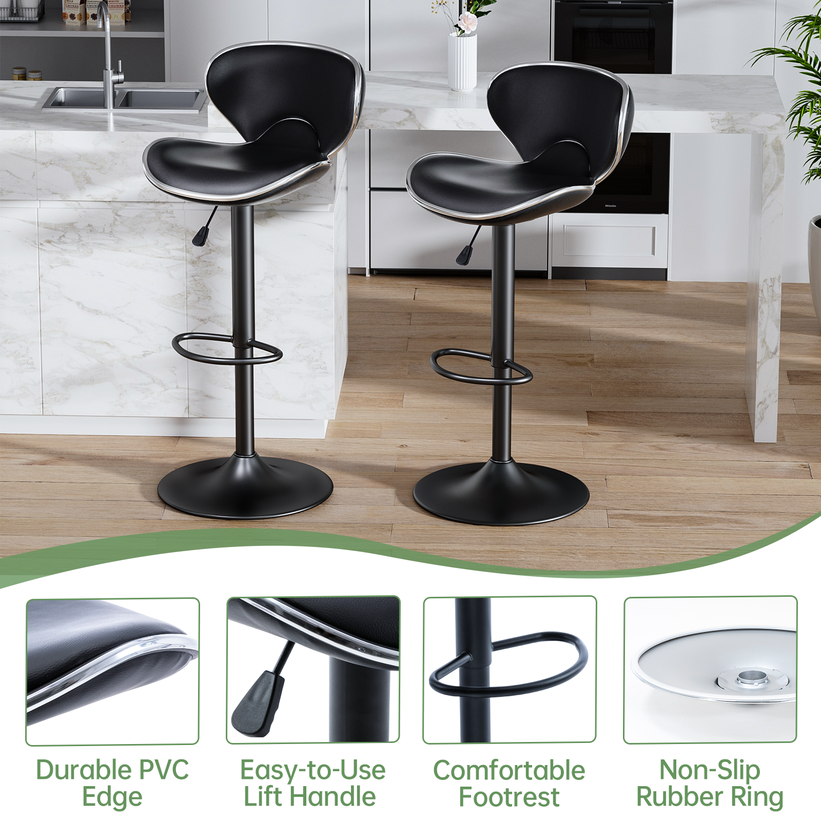 Bar Stools Set of 4, PU Leather Adjustable Swivel Bar Chairs for Kitchen Counter Island, Modern Armless Shell-Shaped Counter Height Stools for Dining Room Café Pub (Black, Black Base)
