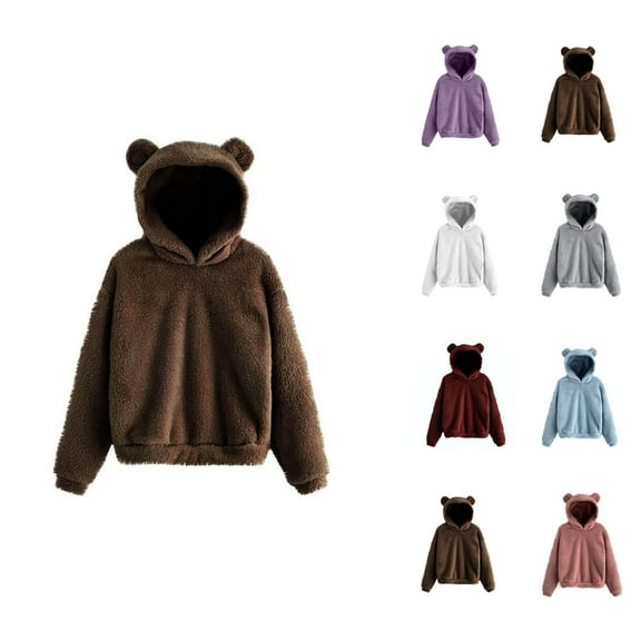 Womens Hoodie 2025 Bear Ear Cute Hoodies Long Sleeve Plush Fuzzy Hoodies Hooded Sweatshirt Hoodie Women Pullover
