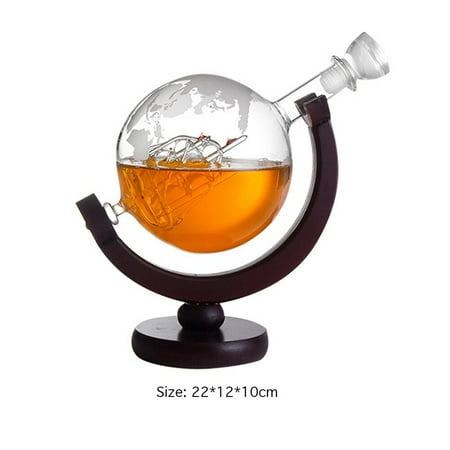 

850mL Whiskey Decanter Globe Wine Glass Set with Lead Free Carafe Exquisite Wooden Stand Liquor Bourbon Vodka Wineglass Dispenser