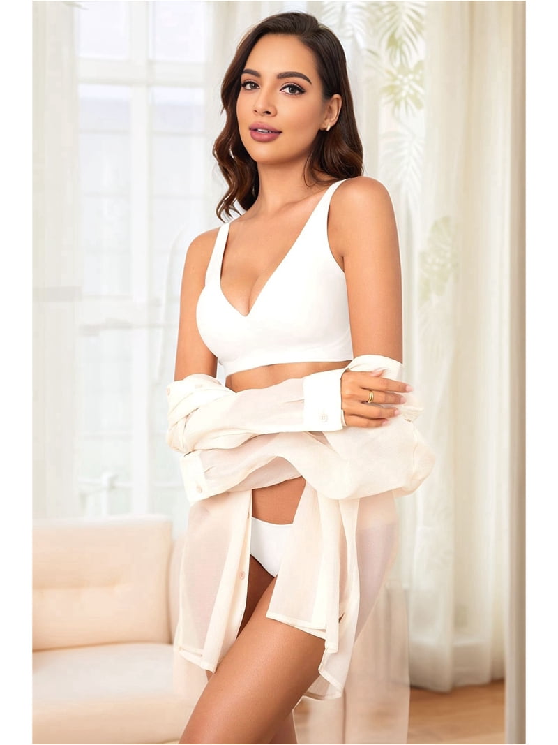 Women'S Deep V Bras No Underwire Adjustable Straps Comfort Wireless Bralettes Plunge Push-Up Bra White XL