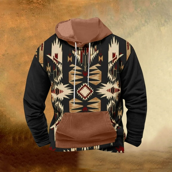 VBTAPA Aztec Sweatshirts for Men Western Ethnic Geometric Tribal Hoodie Oversized Comfy Hooded Sweatshirt Vintage Cowboy Hoodies with Kangaroo Pocket Back to School Prime Sales Black XXL