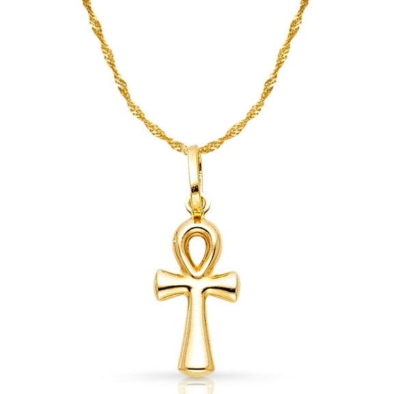 14K Yellow Gold Egyptian Ankh Cross Charm Pendant with 0.9mm Singapore Chain Necklace