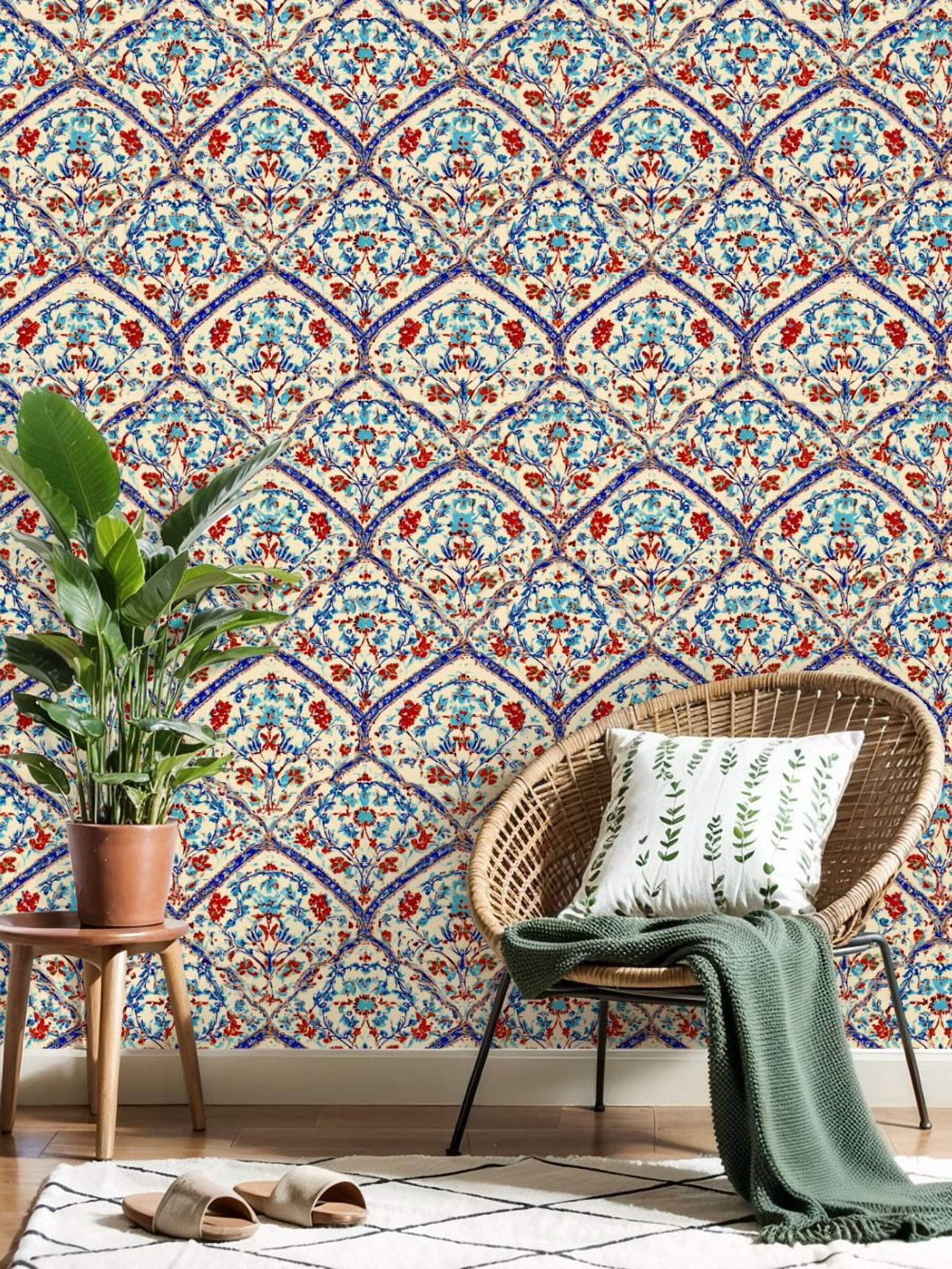 Peel and Stick Wallpaper Ornate Floral Blue Red Details Soft Beige Wall Mural 17.7in x 9.8ft Self Adhesive Removable Wall Paper Renter Friendly Wallpaper for Bedroom Livingroom Office