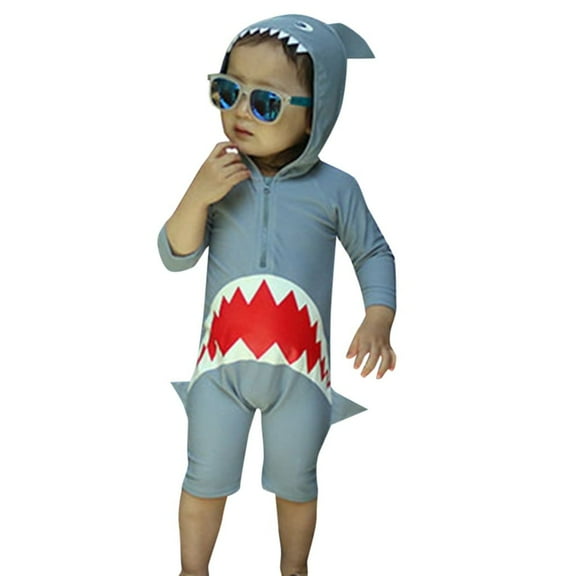Children Kids Long Sleeve Cartoon Shark Hooded Beach One Piece Swimsuit