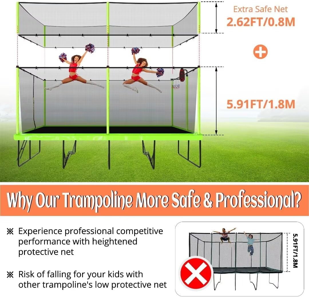 Rectangle Trampoline for Adults, 10x17 FT Large Outdoor Rectangular Trampoline for Backyard - ASTM Certified - Gymnastics Trampoline with Enclosure Net, Basketball Hoop, Strong Base, Green