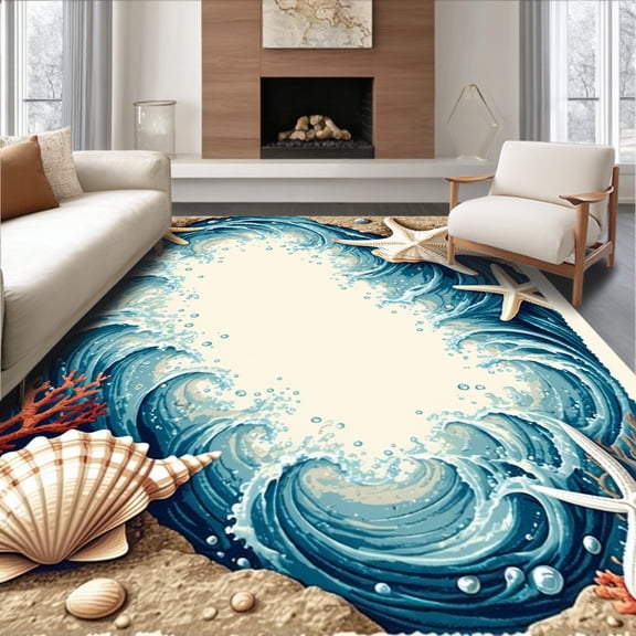 ODIKA 4'x6' Machine Washable Non-Slip Area Rug, Nautical Starfish Seashell Non Slip Cushioned Floor High Traffic Rug, Blue, 59406