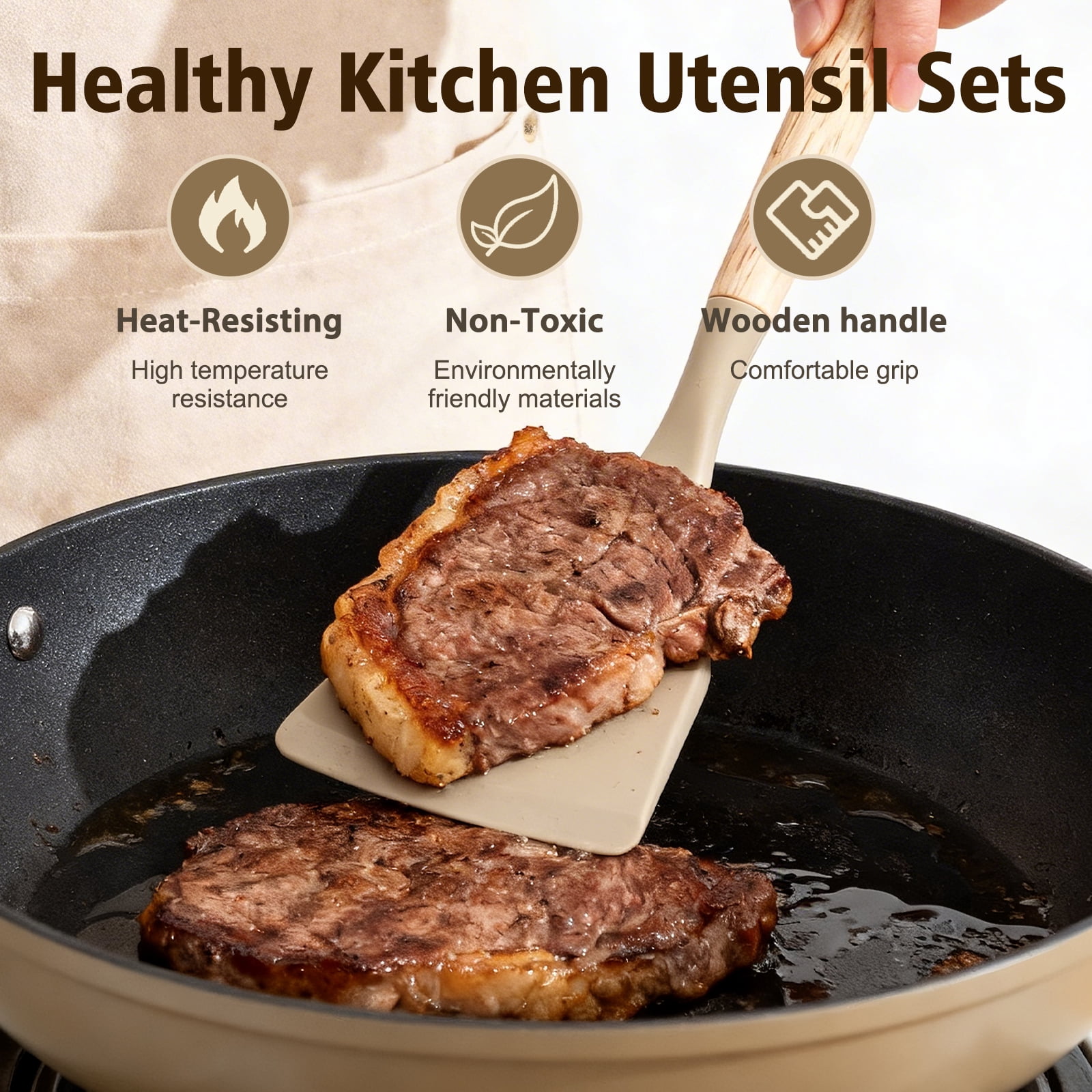Silicone Cooking Utensils Set, Heat Resistant Kitchen Tools, 36 PCS Non-Stick Silicone Cooking Kitchen Utensils, Khaki