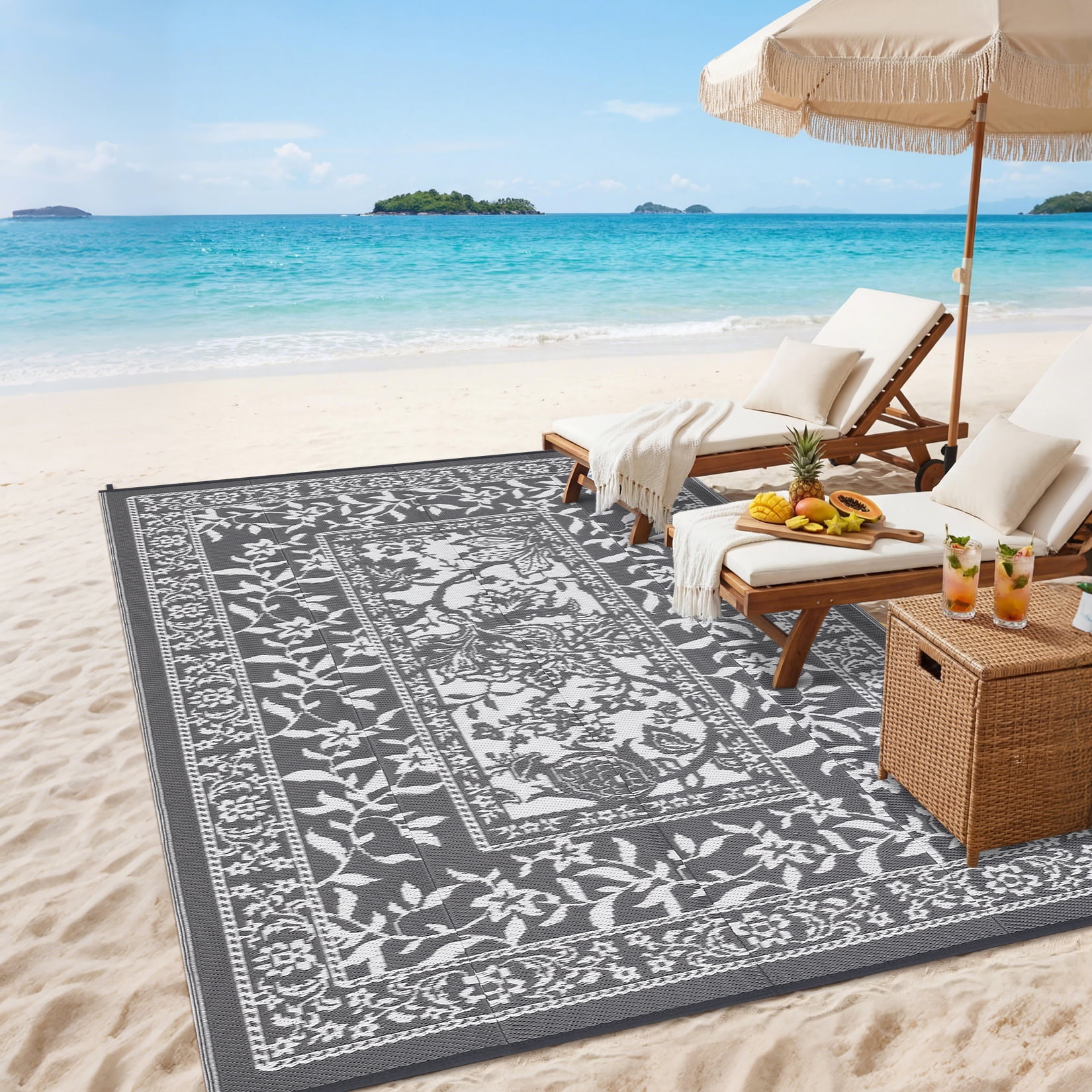 Outdoor Rug, Patio Waterproof, Reversible Plastic Straw Camping Rug, Botanical Grove Vintage Cottage core Outdoor Mat for RV, Deck, Picnic, Beach
