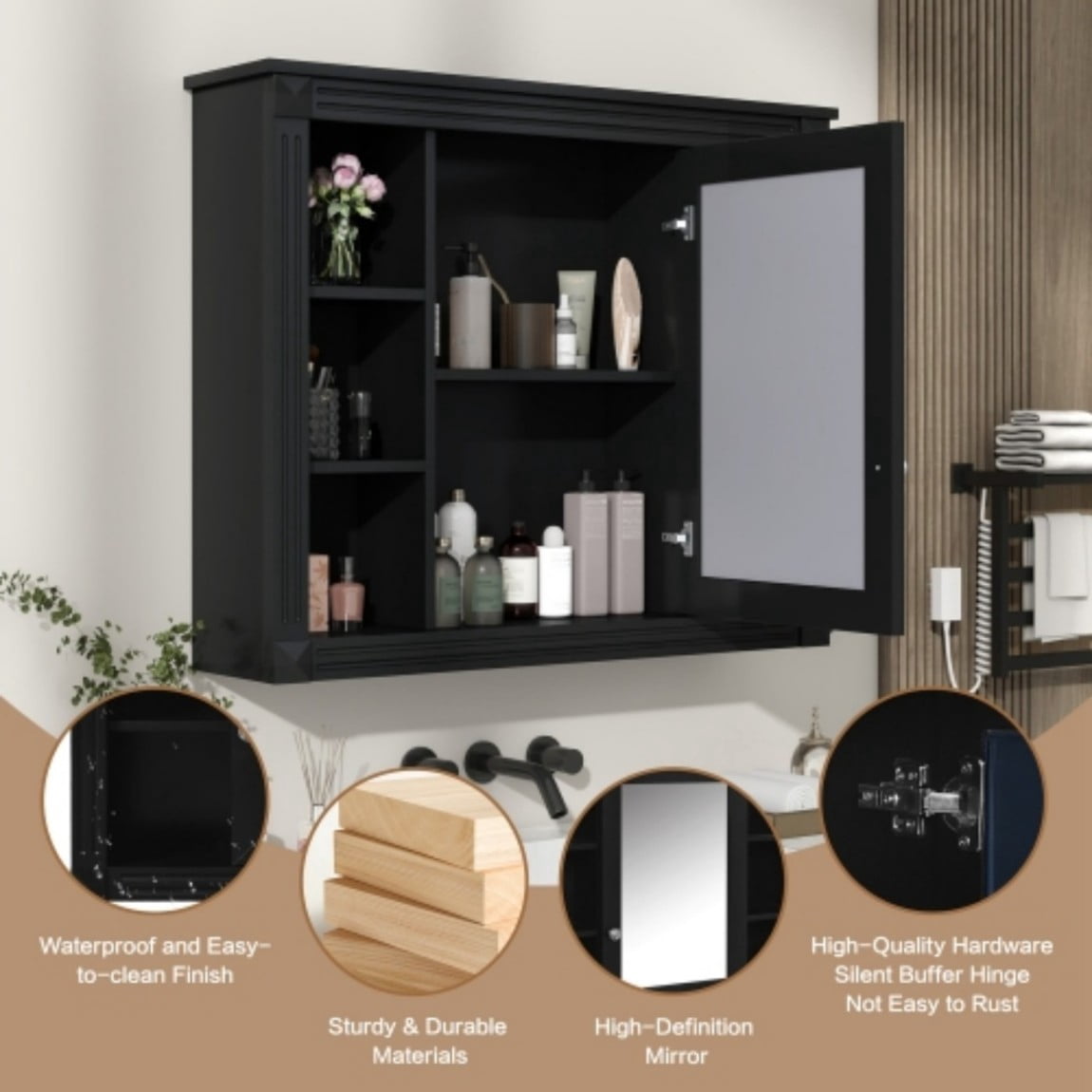 35"x 28" Wall Mounted Bathroom Medicine Cabinet with Mirror, Adjustable Shelves, Open Storage, Towel Bar, MDF Bathroom Storage Cabinet, Black