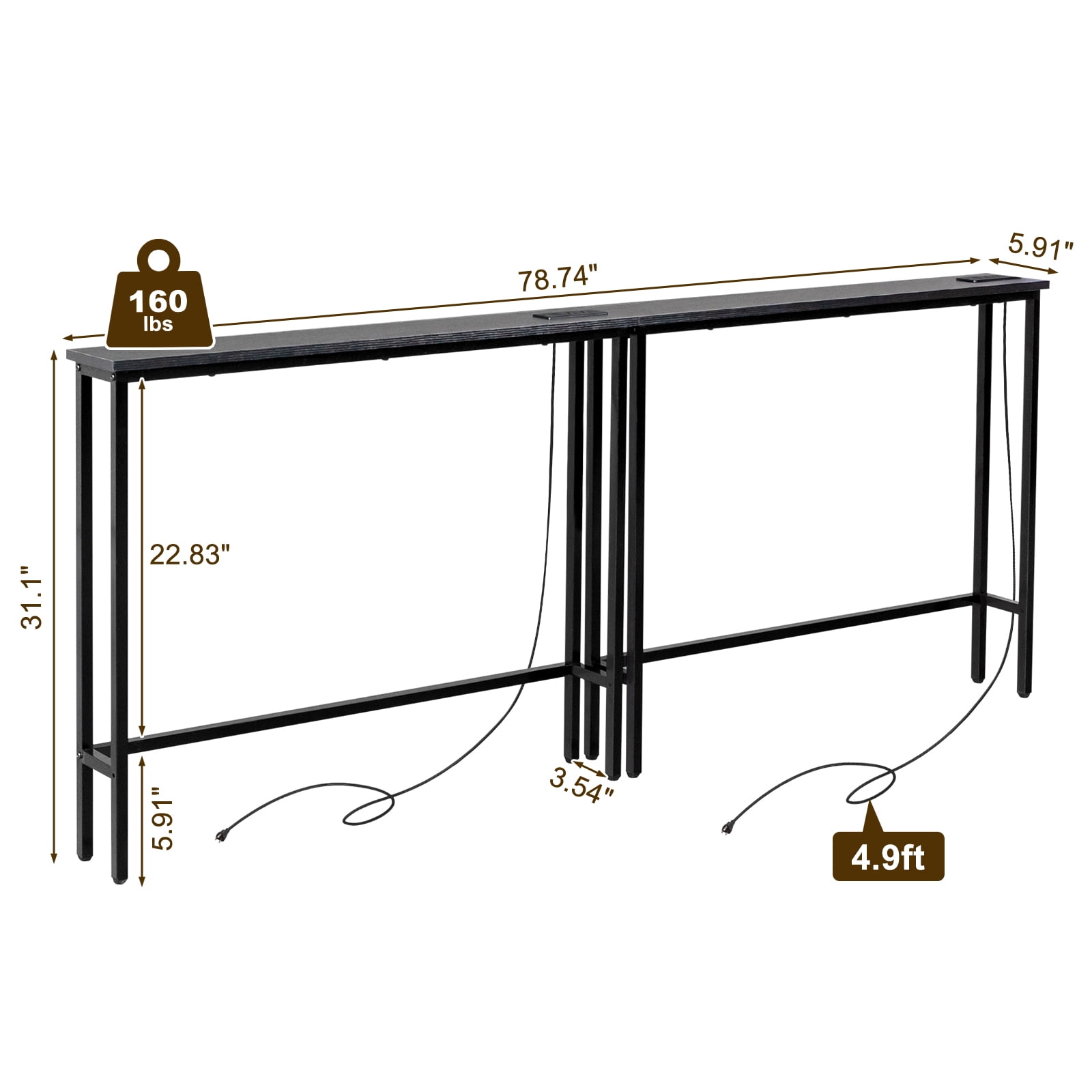 2 Pack 39.4" Narrow Console Sofa Table with Power Outlets and USB Ports, Long Couch Table with Metal Frame and Charge Station with 4.9ft Extension Cord, Black