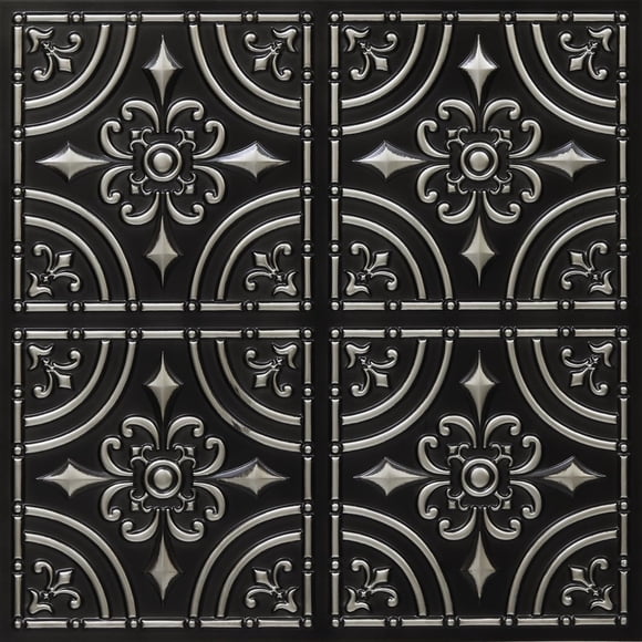 From Plain To Beautiful In Hours 205 Wrought Iron PVC 2' x 2' Glue-up Ceiling Tile, Pack of 25, Antique Silver, 25 Piece