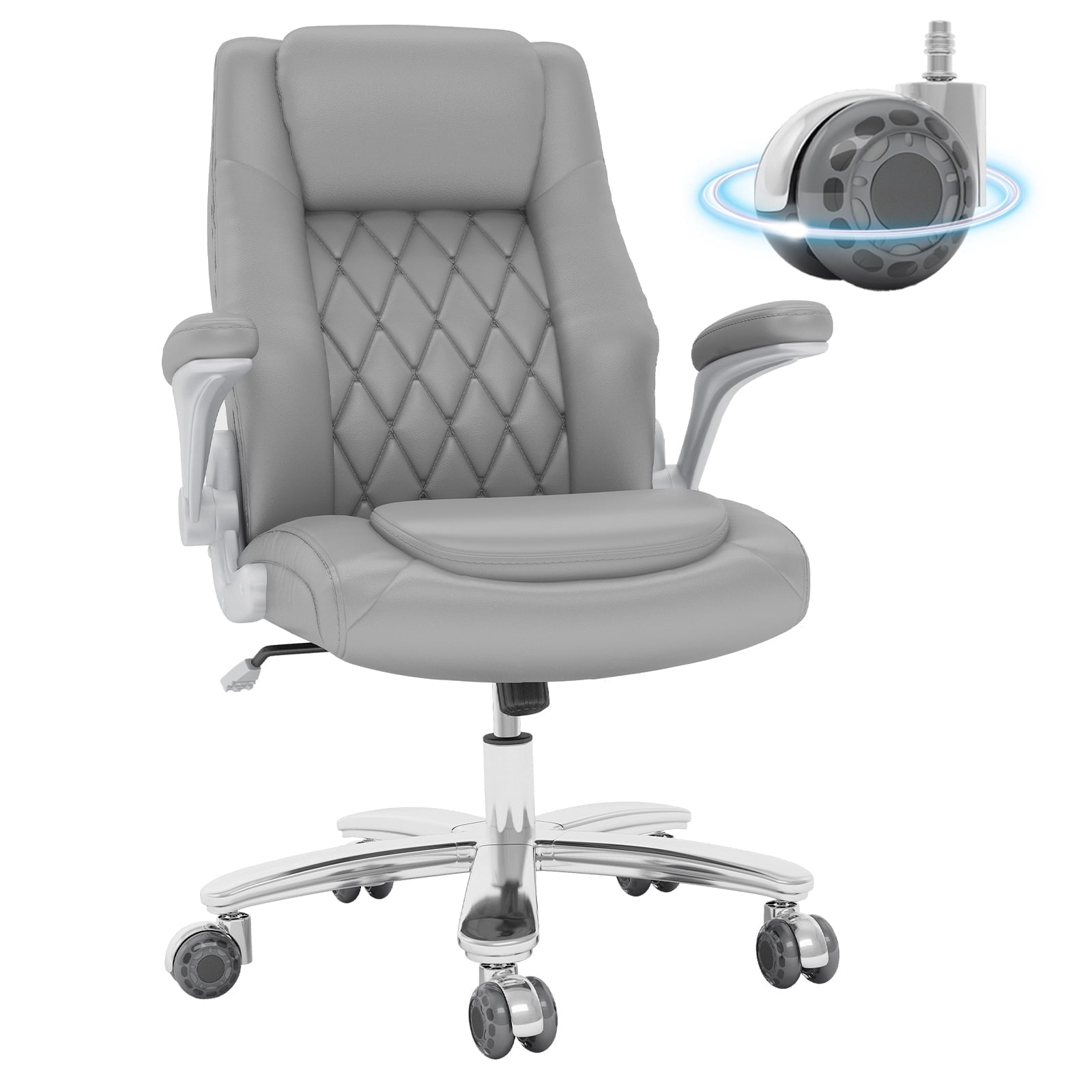 Genpo Big and Tall Office Chair 400 lbs, High Back PU Leather Executive Office Chair with Lumbar Support and Rubber Wheels, Flip-up Armrests Computer Desk Chairs, Gray