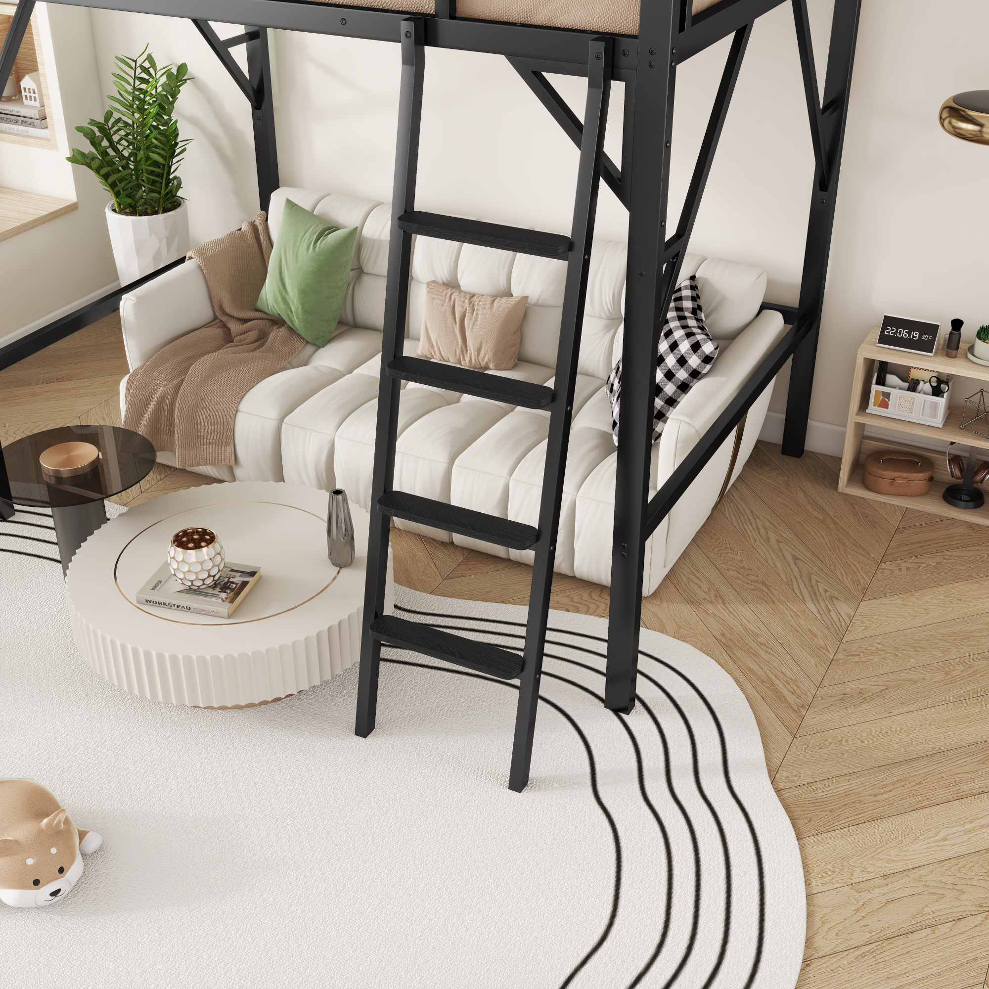 Full Size Loft Bed with Ladder, Metal Loft Bed with Storage Shelves, High Loft Bed for Kids Teens, Black