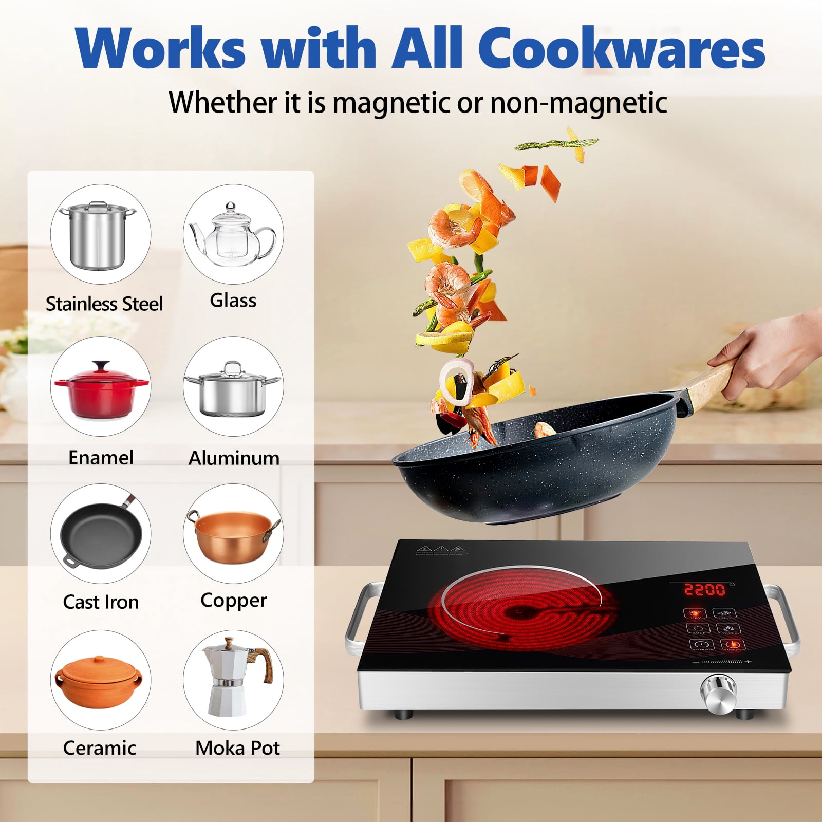 Infrared Single Burner Electric Stove, Portable Small Counter Top Hot Plate for Cooking, 2200W Ceramic Glass Infrared Burner with Touchscreen LCD Display